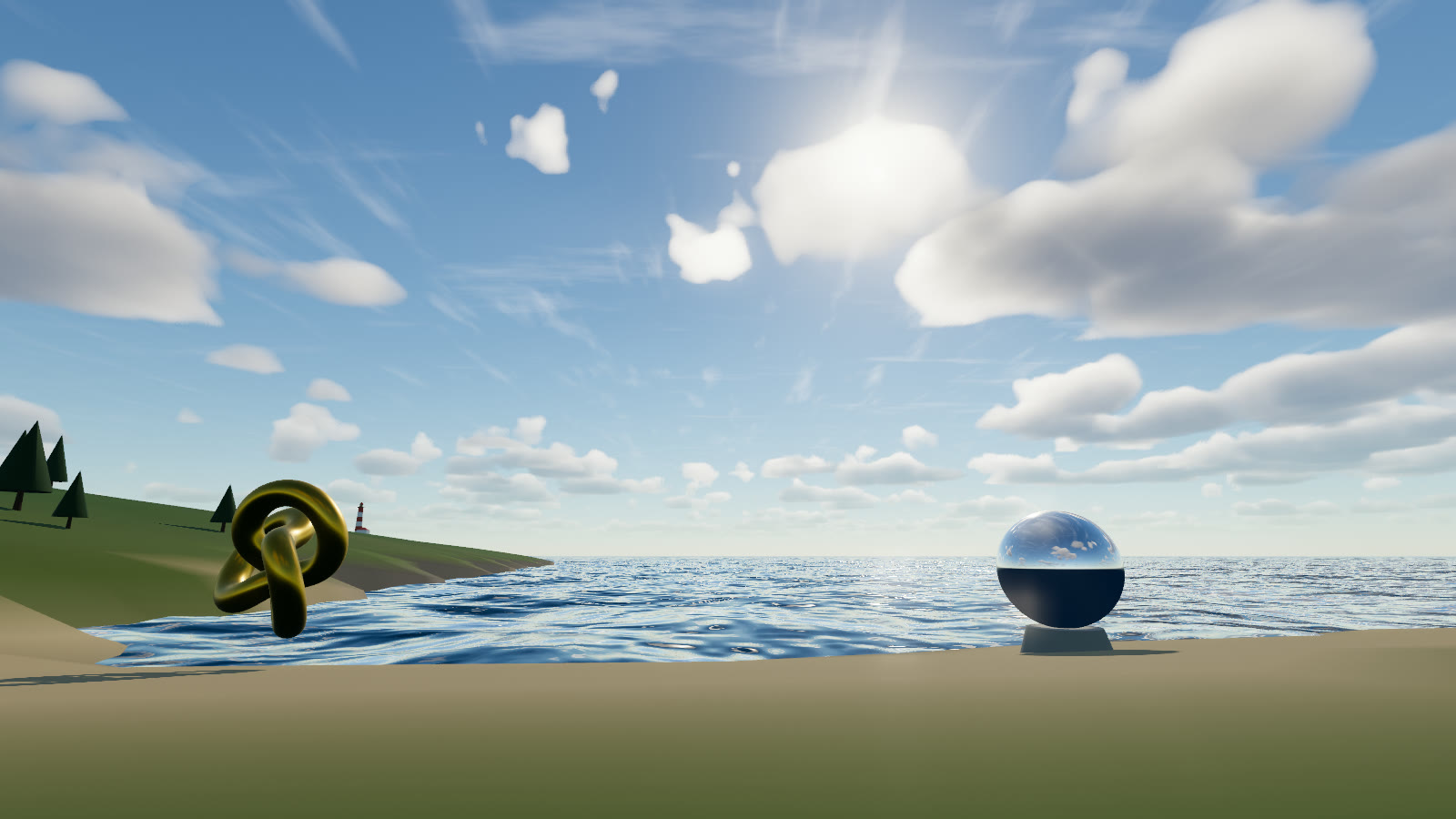 The result, with the demo's island for scale: the `marine` preset, cloud shadows on the sand, and the sky reflected in the chrome sphere through `scene.environment`.